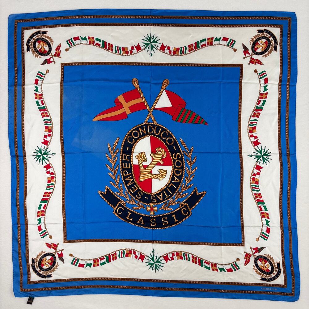 Charter Club 100% Silk 35" Square Scarf, Nautical Yacht Semper Conduco Sodalitas